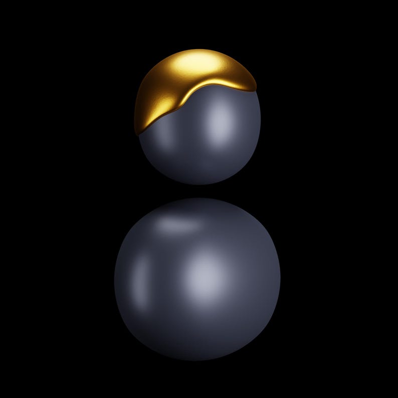 Op de afbeelding: Twee bollen tegen een zwarte achtergrond. De bovenste bol is donkergrijs met een goudkleurige bovenkant. De onderste bol is donkergrijs en reflecteert de bovenste bol. De afbeelding is een digitale weergave.