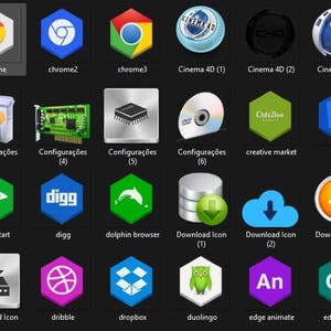 May include: A collection of application icons on a black background. The icons represent various software and online services, including Chrome, Cinema 4D, and Creative Market. Each icon has a unique design and color scheme, with text labels below each icon.