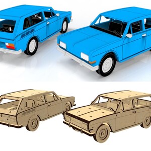 May include: Two blue and tan wooden station wagon models. The blue cars have white trim and black interiors. The tan cars are made of unfinished wood. The cars are displayed from multiple angles.