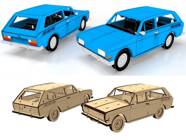May include: Two blue and tan wooden station wagon models. The blue cars have white trim and black interiors. The tan cars are made of unfinished wood. The cars are displayed from multiple angles.