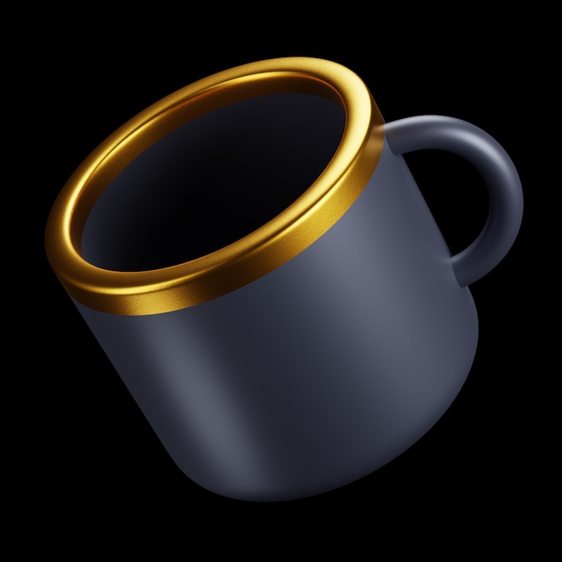 Op de afbeelding: Een donkergrijze mok met een gouden rand en oor. De mok heeft een gladde, glanzende afwerking en staat tegen een zwarte achtergrond. De gouden rand voegt een vleugje elegantie toe aan het eenvoudige ontwerp.
