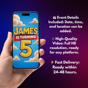 May include: A smartphone displays a birthday invitation with the name "JAMES" and the number "5" in a colorful design. The text includes "Event Details," "High-Quality Video," and "Fast Delivery."