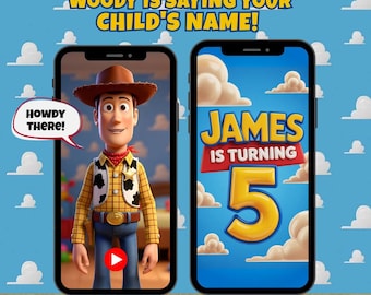 Gepersonaliseerde Toy Story-verjaardagsvideo-uitnodiging, Woody-feestuitnodiging, geanimeerde Buzz Lightyear-uitnodiging