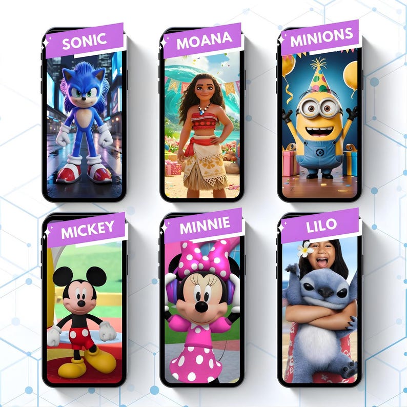 May include: Six smartphones displaying popular cartoon characters: Sonic, Moana, Minions, Mickey, Minnie, and Lilo. Each phone has a banner with the character's name. The phones are arranged in two rows of three.