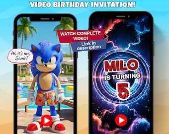Super Sonic Pool Party Birthday Video Invitation, Sonic Hedgehog Boys Party Invite, Summer Invitation, Birthday Pool Party Invite