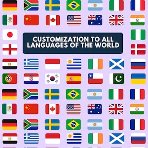 May include: A collection of various national flags arranged on a light purple background. The flags are rectangular and feature diverse designs and colors. The text "CUSTOMIZATION TO ALL LANGUAGES OF THE WORLD" is displayed in a dark blue rectangle.