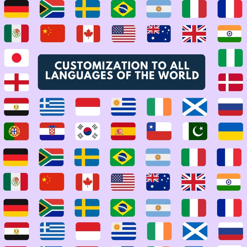 May include: A collection of various national flags arranged on a light purple background. The flags are rectangular and feature diverse designs and colors. The text "CUSTOMIZATION TO ALL LANGUAGES OF THE WORLD" is displayed in a dark blue rectangle.