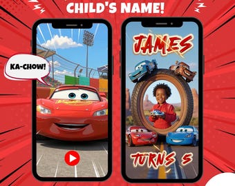 Personalized Cars Birthday Video Invitation, McQueen Kids Party Invit, Animated Race Car Party