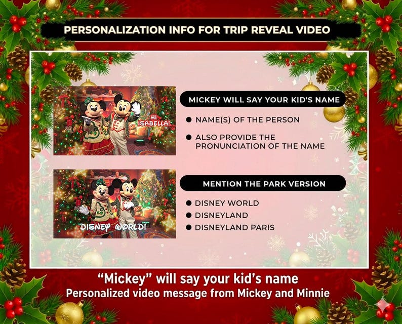 Personalized Surprise Trip Reveal Video, Mickey and Minnie Says Children's Names, Christmas Magical Trip image 2