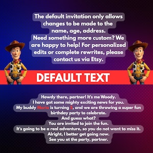 May include: A digital invitation with a blue and red gradient background, featuring Woody from Toy Story. The invitation text includes details about a birthday party for Mario, with the text "DEFAULT TEXT" in a red banner.