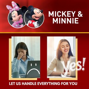 Op de afbeelding: Een promotieafbeelding met Mickey Mouse en Minnie Mouse. De afbeelding bevat twee cirkelvormige portretten van de personages, met de tekst "MICKEY & MINNIE" boven twee afbeeldingen van vrouwen die laptops gebruiken. De tekst "LET US HANDLE EVERYTHING FOR YOU" staat onderaan.