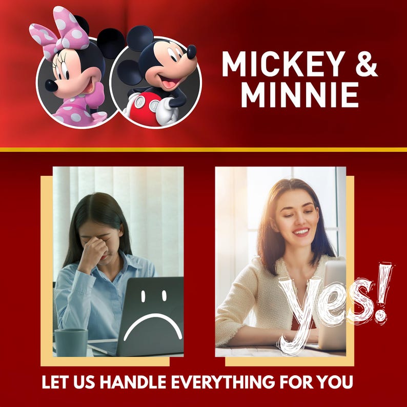 Op de afbeelding: Een promotieafbeelding met Mickey Mouse en Minnie Mouse. De afbeelding bevat twee cirkelvormige portretten van de personages, met de tekst "MICKEY & MINNIE" boven twee afbeeldingen van vrouwen die laptops gebruiken. De tekst "LET US HANDLE EVERYTHING FOR YOU" staat onderaan.