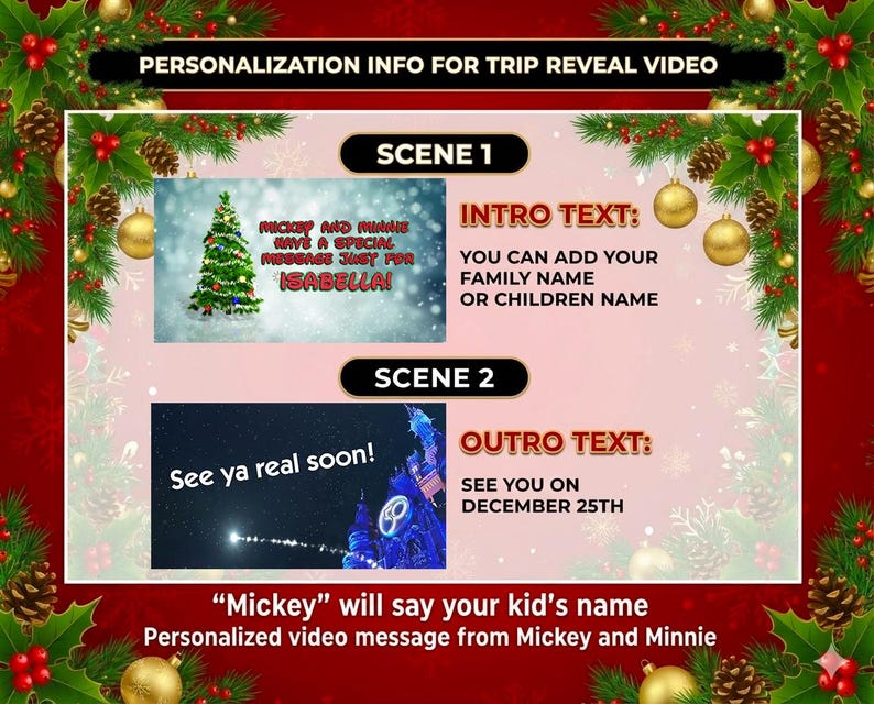 Personalized Surprise Trip Reveal Video, Mickey and Minnie Says Children's Names, Christmas Magical Trip image 3