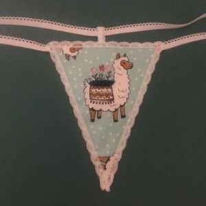 May include: Light blue and pink lace thong underwear with a white llama graphic and pink flowers.