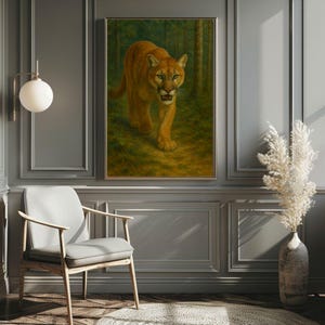 Mountain Lion Wall Art – Wild Cougar in Forest Print, Wildlife Nature Decor, Digital Download, Rustic Cabin Printable, Animal Art for Home