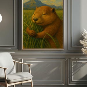 Impresión de animal salvaje de marmota serena entre pastos de montaña: arte mural digital imprimible