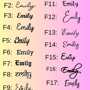 May include: A collection of 18 different handwritten variations of the name "Emily" in black ink on a gradient background of yellow and pink.