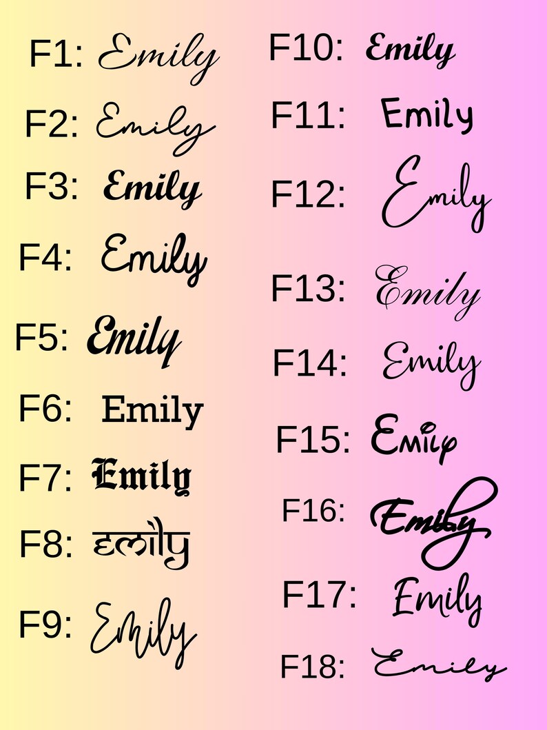 May include: A collection of 18 different handwritten variations of the name "Emily" in black ink on a gradient background of yellow and pink.