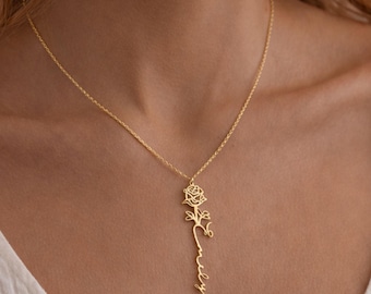 14K Gold Personalized Birth Flower Name Necklace Best Gift For Her Mom Sister