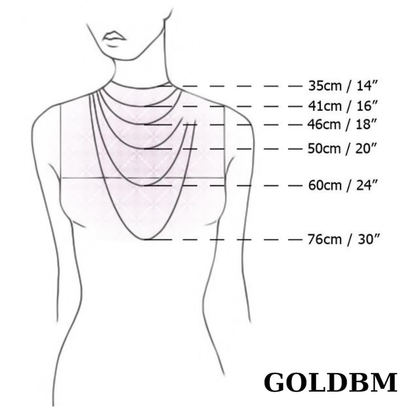 May include: A diagram showing different necklace lengths in inches and centimeters. The lengths are 14 inches (35 cm), 16 inches (41 cm), 18 inches (46 cm), 20 inches (50 cm), 24 inches (60 cm), and 30 inches (76 cm).