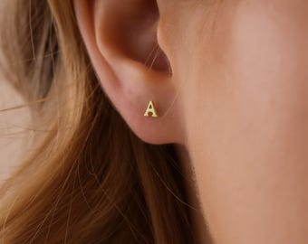 Gold Initial Stud Earrings, Tiny Letter Earrings, Minimalist Alphabet Jewelry, Personalized Gift for Her, Dainty Gold Earrings