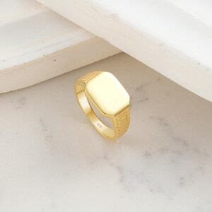K&ouml;nnte beinhalten: Ein goldener Siegelring mit einer glatten, rechteckigen flachen Oberseite und einem strukturierten Ringband mit gitterartigem Muster an den Seiten. Der Ring hat eine polierte Oberfl&auml;che und einen sichtbaren Stempel auf der Innenseite.