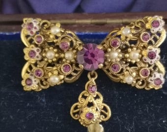 Georgian Paste Stone Bow Brooch In Rolled Gold, C. 1780