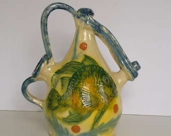 A Vintage  Spanish Hand Painted "Sancai" Glazed Earthenware "Fish" Bottle/Pitcher, Signed