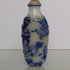 Qing Dynasty Blue-Overlay &#39;Rabbit And Quails Among Tree Branches&#39; Snuff Bottle Circa 1850