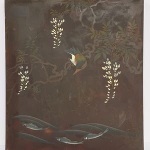 Edo Period Shikishi-Bako Japanese Lacquer Box, Kingfisher, Plum Blossom, Kokane Fish & River Scene, Mid- 19th Century
