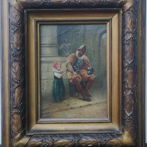 18th/19th C. Oil Painting Of A Dutch Musketeer And A Child, In Ornate Baroque Frame