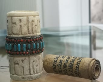 Antique Tibetan Prayer-Wheel Cylinder With Coral and Turquoise Inlaid Stones, Ca. 1920's