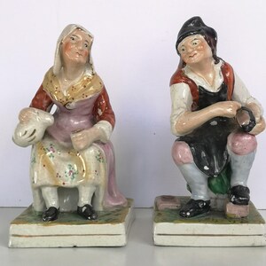 19th C. Pair Of English Staffordshire Hand Painted Cobbler Couple, ca 1880