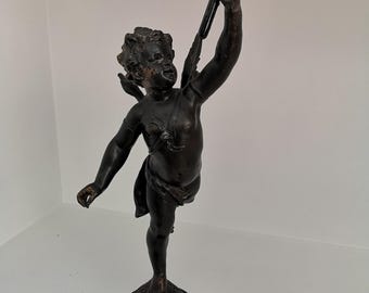 19th C. Italian Patinated Bronze Sculpture Of Eros Holding A Torch, Ca 1890