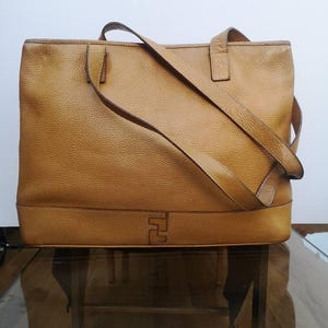 Vintage Fendi FF Logo Grained Leather Tote Bag, Medium