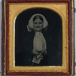 19th C. Daguerreotype Portrait Of An Elderly Woman Wearing A Wimple, Knitting 1840s – 1860s