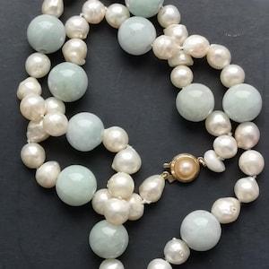 Art Deco Translucent Light Green Jade And Baroque Pearl Necklace,  9ct Gold Clasp, c. 1930&#39;s