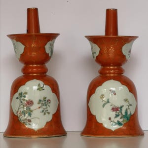 Qing Dynasty Pair Of Chinese Famille Rose Ground Candle Sticks/Incense Burner, Ca. 1880