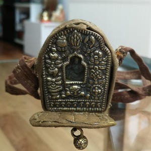 Himalayan Tibetan  Gau Silver & Copper Repousse Travelling Gau/Prayer Shrine, With Silk Carrying Case, Early 20th Century