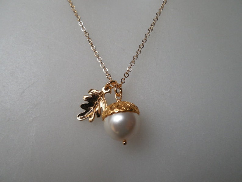 14k Gold Filled creamy pearl acorn necklace image 3