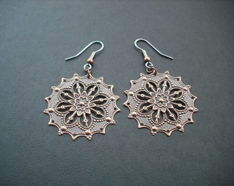 antique copper star flower stamped earrings