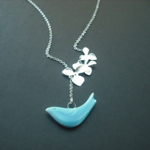 Sterling Silver Chain - triple orchid flowers and porcelain blue bird lariat