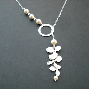 Sterling Silver Chain orchid flowers with sterling silver hammered ring lariat Bridesmaids gift, Wedding Gift image 1