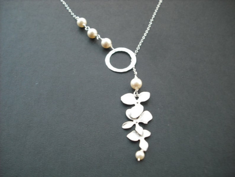 Sterling Silver Chain orchid flowers with sterling silver hammered ring lariat Bridesmaids gift, Wedding Gift image 1