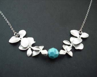 Sterling Silver Chain - double tripple orchid flowers with swarovski birthstone - bridesmaids gift, wedding gift
