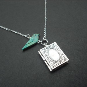 genuine turquoise bird and antique silver book locket necklace image 1
