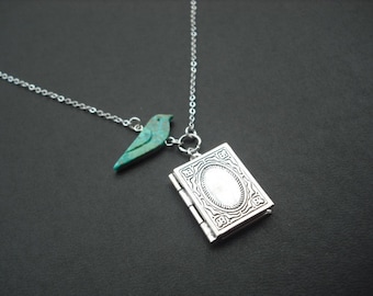 genuine turquoise bird and antique silver book locket necklace