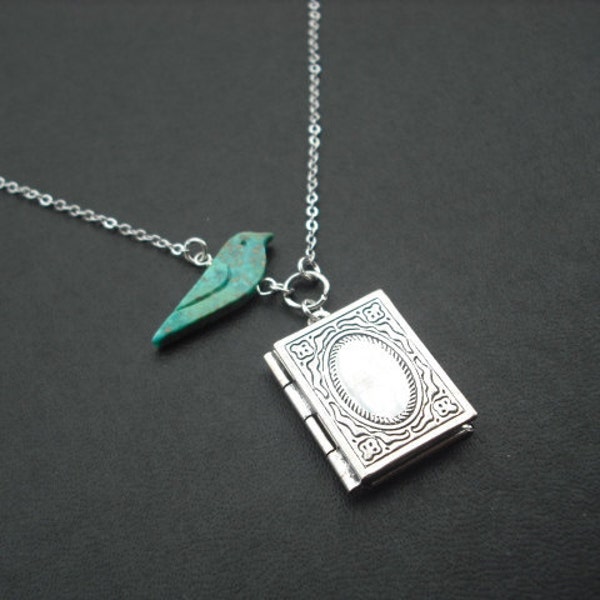 genuine turquoise bird and antique silver book locket necklace