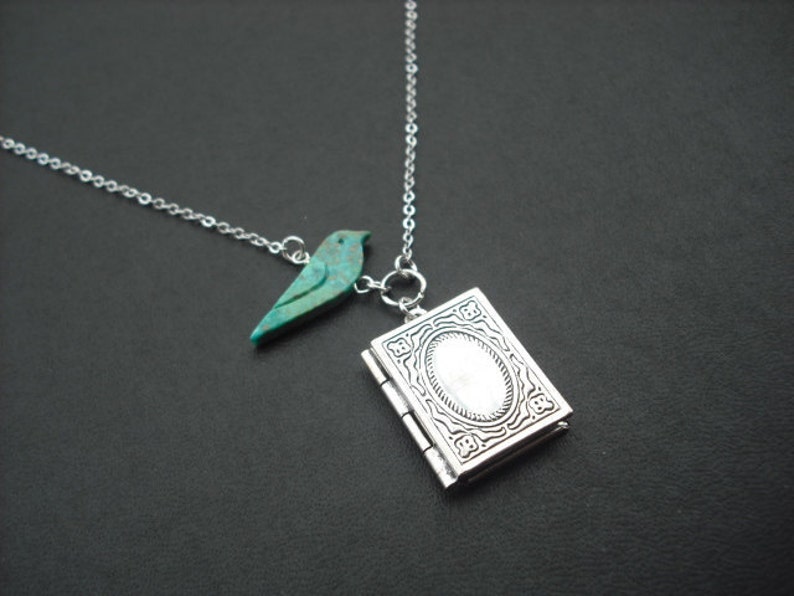 genuine turquoise bird and antique silver book locket necklace image 1