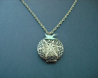 Victorian Style Filigree Locket Charm necklace - blue verdigris patina bird